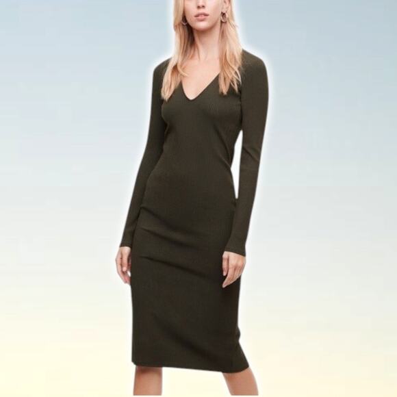 WILFRED FREE Aritzia Rocio Ribbed Knit Midi Dress Moss Green Sz XXS - Picture 1 of 6